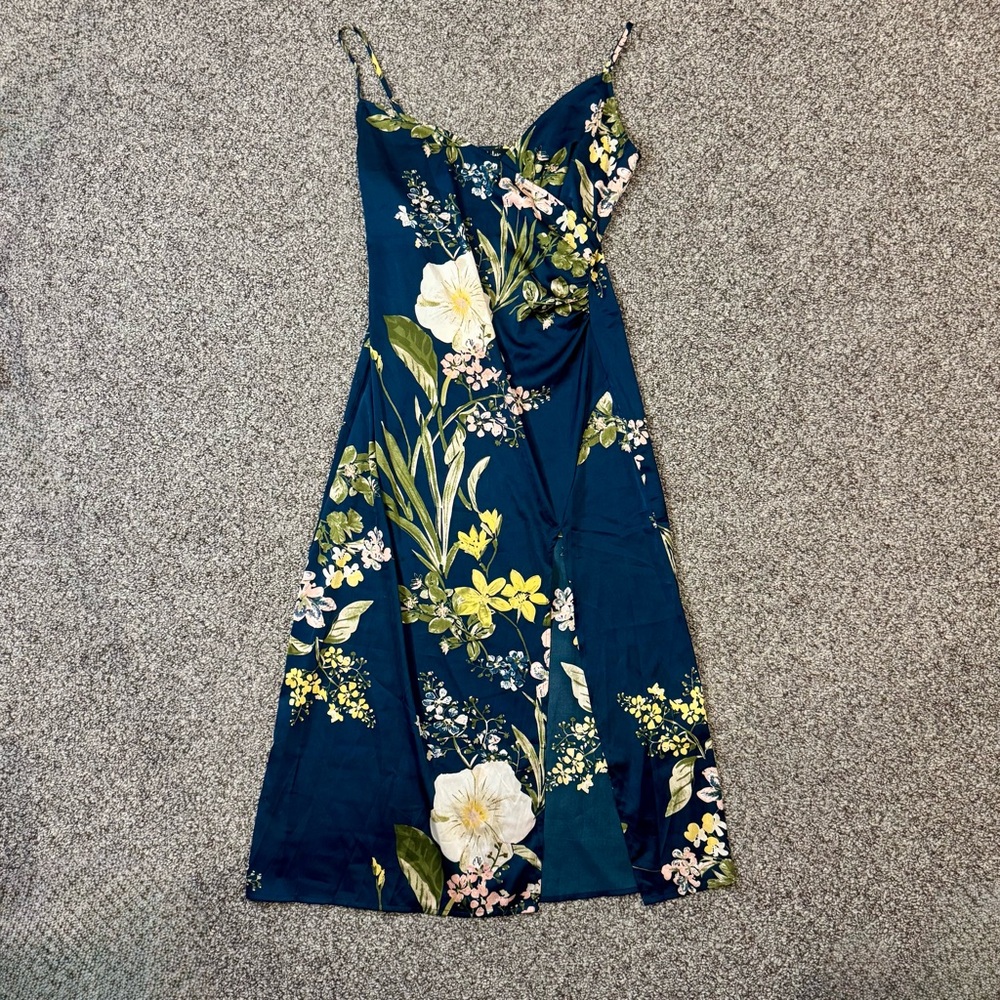 Lulu's Navy Floral Satin Midi Slip Dress with Side Slit - Picture 4 of 8